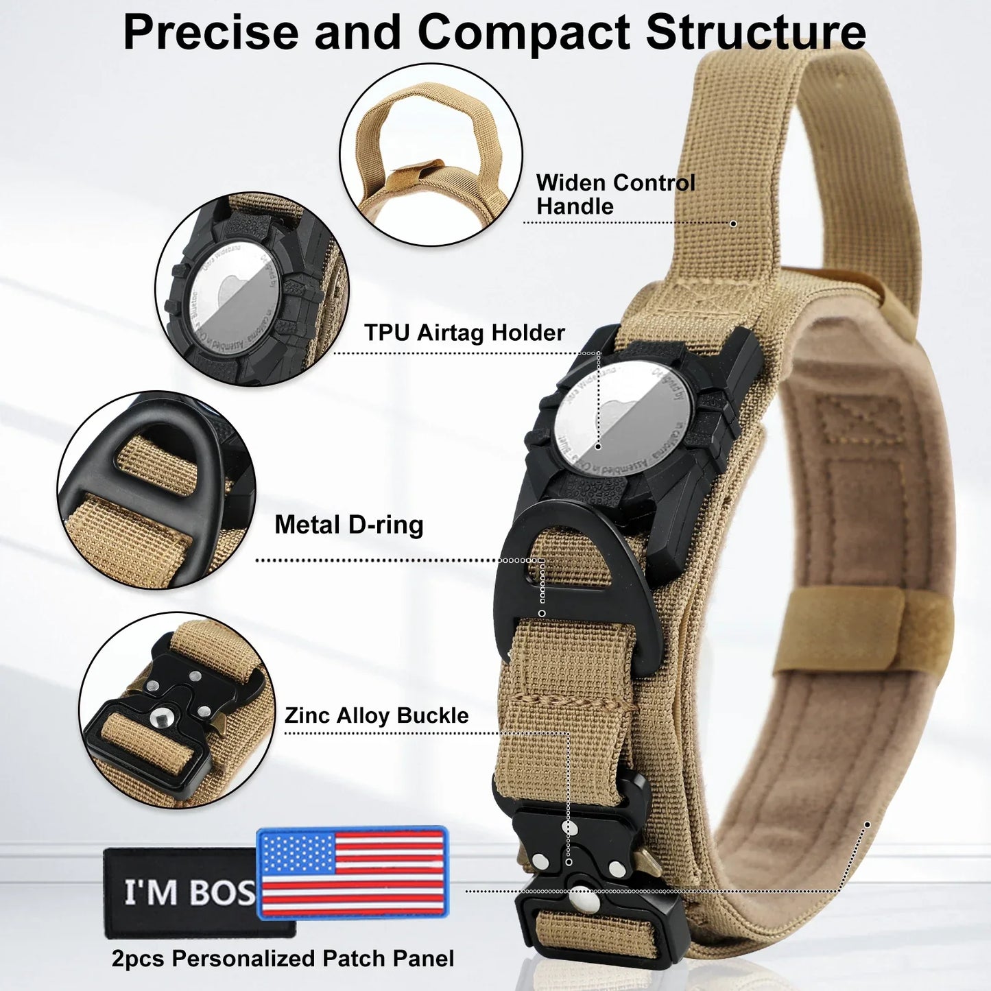 AirTag Dog Collar with Handle, Tactical Dog Collar for Large Medium Dogs