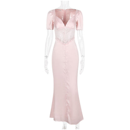 Pink Satin V-Neck Puff Sleeve Lace Patchwork Midi Dress