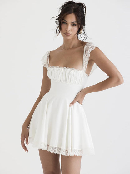 Lace Trim Square Neck Frill Mini Dress