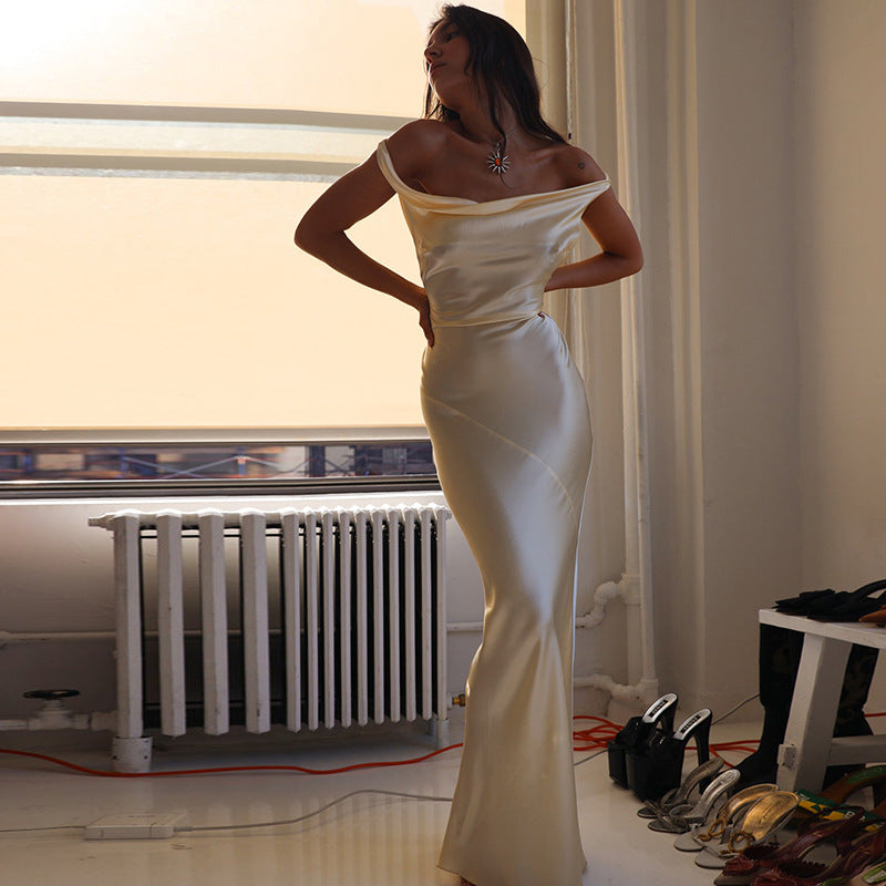 Ivory Satin Backless Maxi Dress