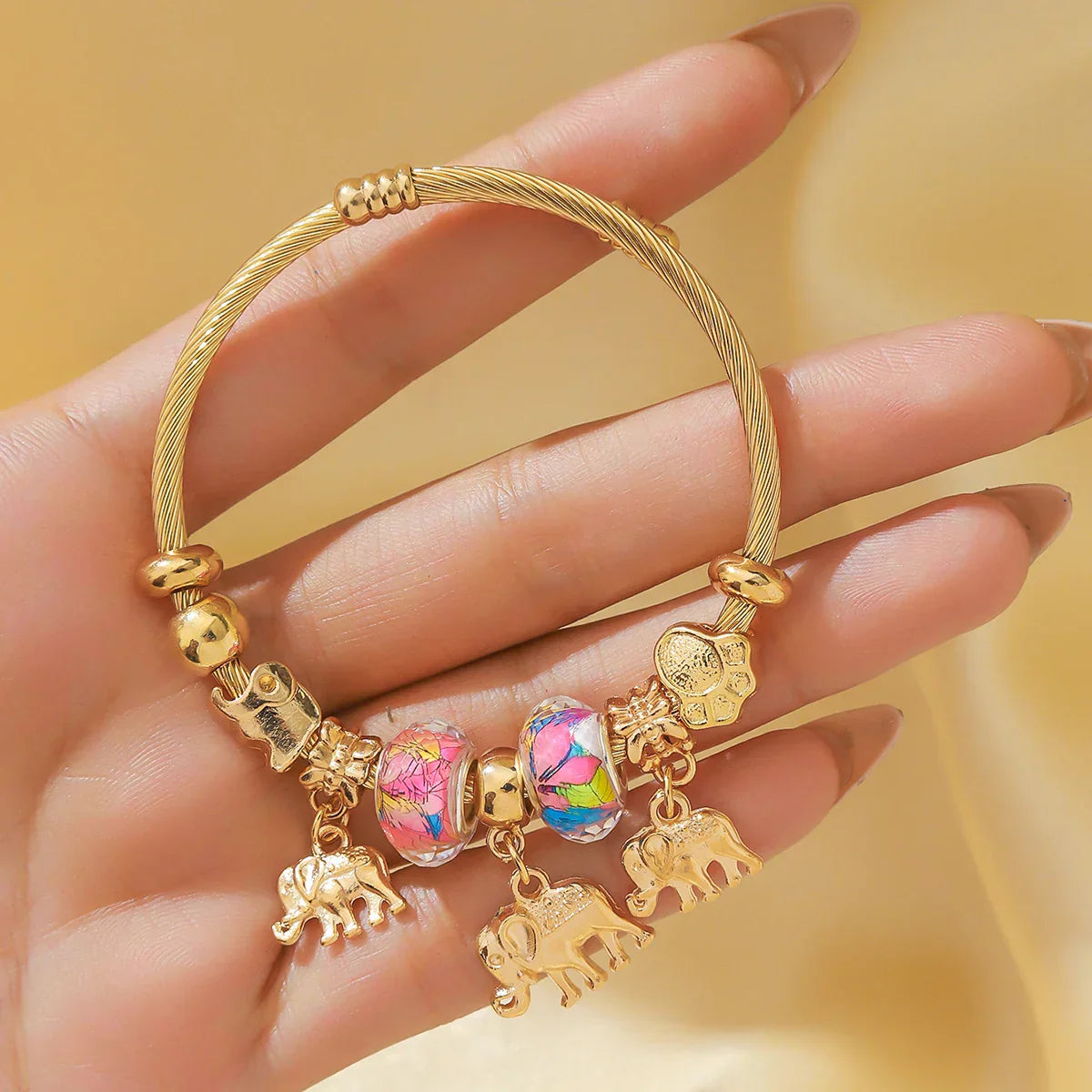 Silver Elephant and Heart Tree Charm Cuff Bracelet for Women