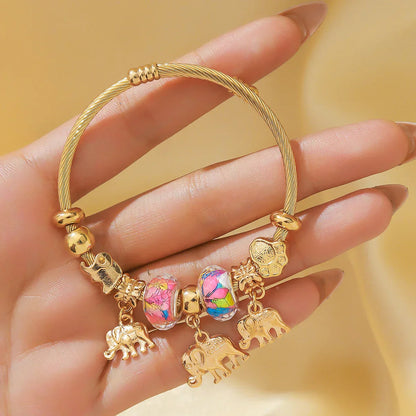 Silver Elephant and Heart Tree Charm Cuff Bracelet for Women