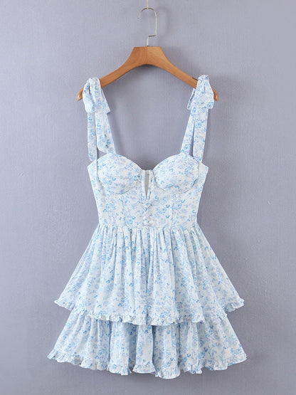 Blue Floral Bustier Tie Up Frill Mini Dress