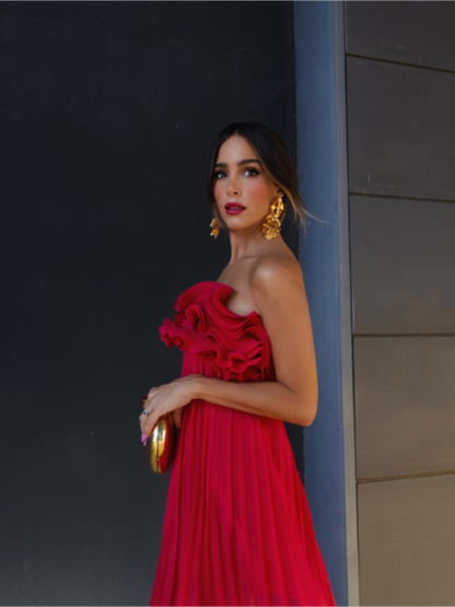 Red Ruffled Pleated Strapless Mini Dress