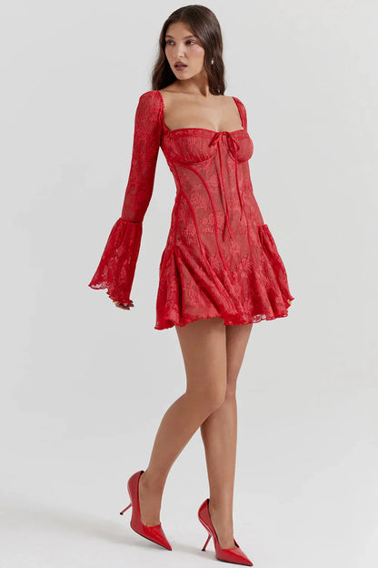 Long Sleeve Lace Square Neck Mini Dress