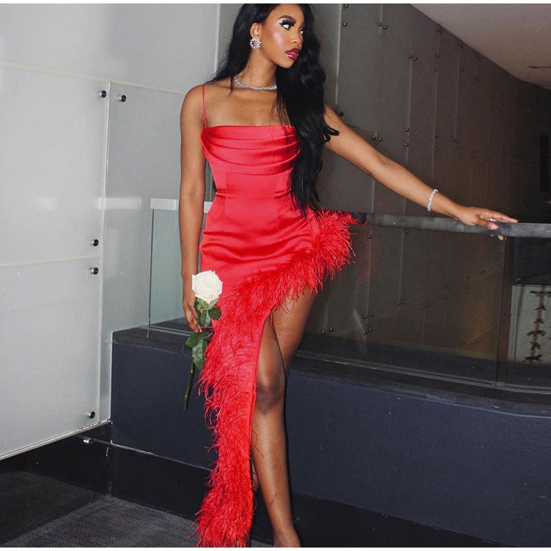 Red Strap Feather Slit Trim Midi Dress