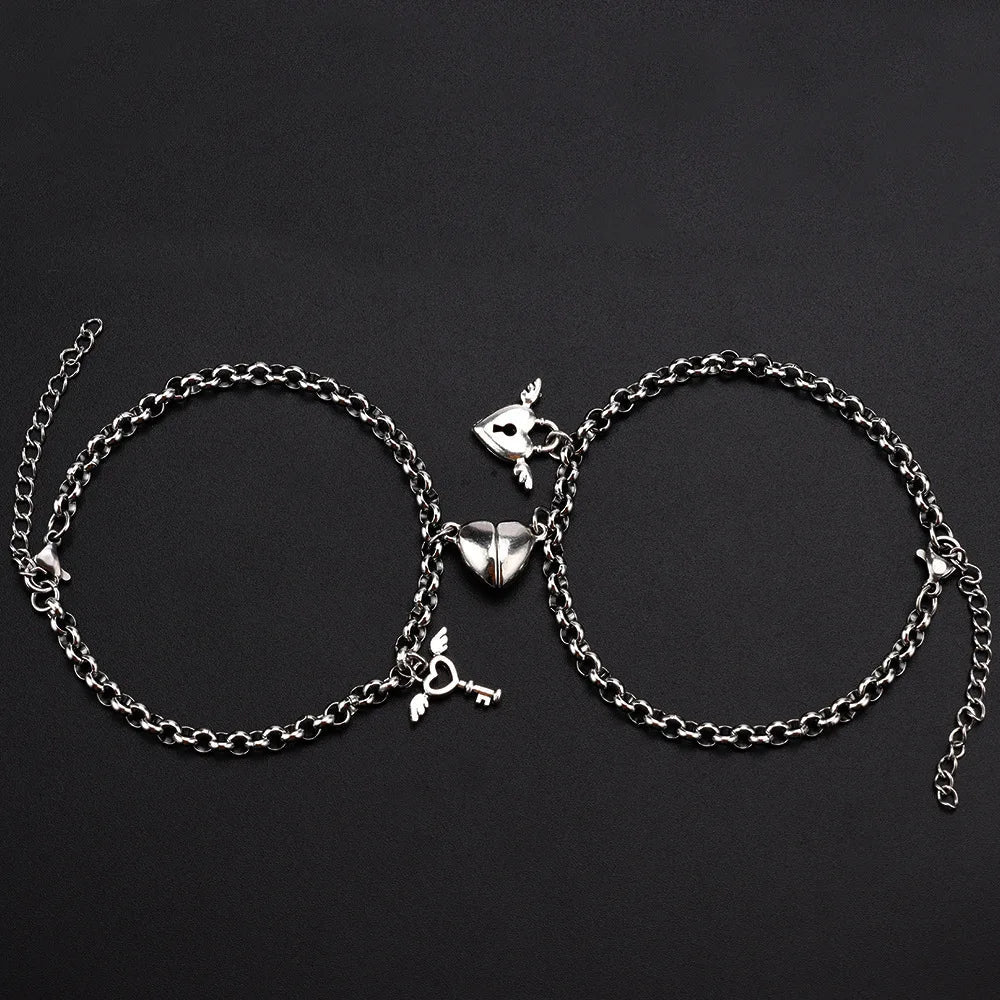 Magnetic Heart Couple Bracelet Set in Stainless Steel
