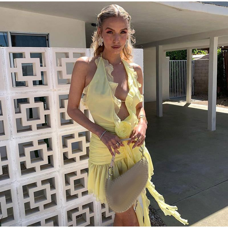 Frill Deep Neck Halter Mini Ruched Dress