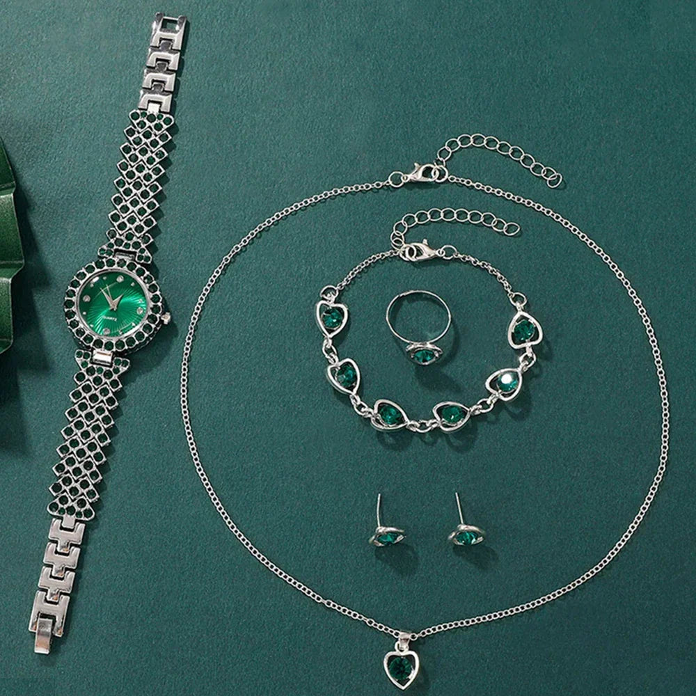 Elegant Heart Rhinestone Watch and Jewelry Set