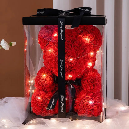 Eternal Rose Teddy Bear 25cm with Gift Box and Warm Lights