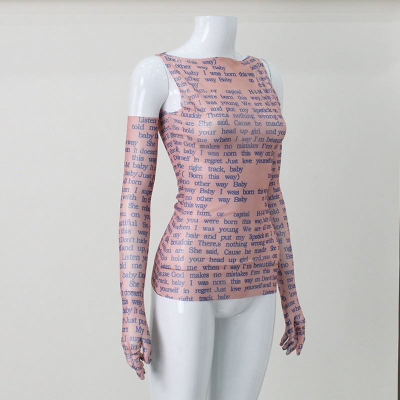 Mesh Letter Print Sleeveless Top With Gloves