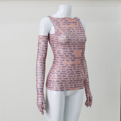 Mesh Letter Print Sleeveless Top With Gloves