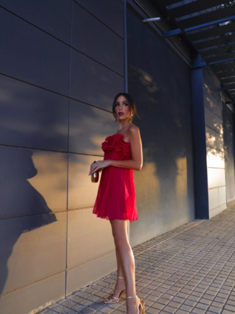 Red Ruffled Pleated Strapless Mini Dress