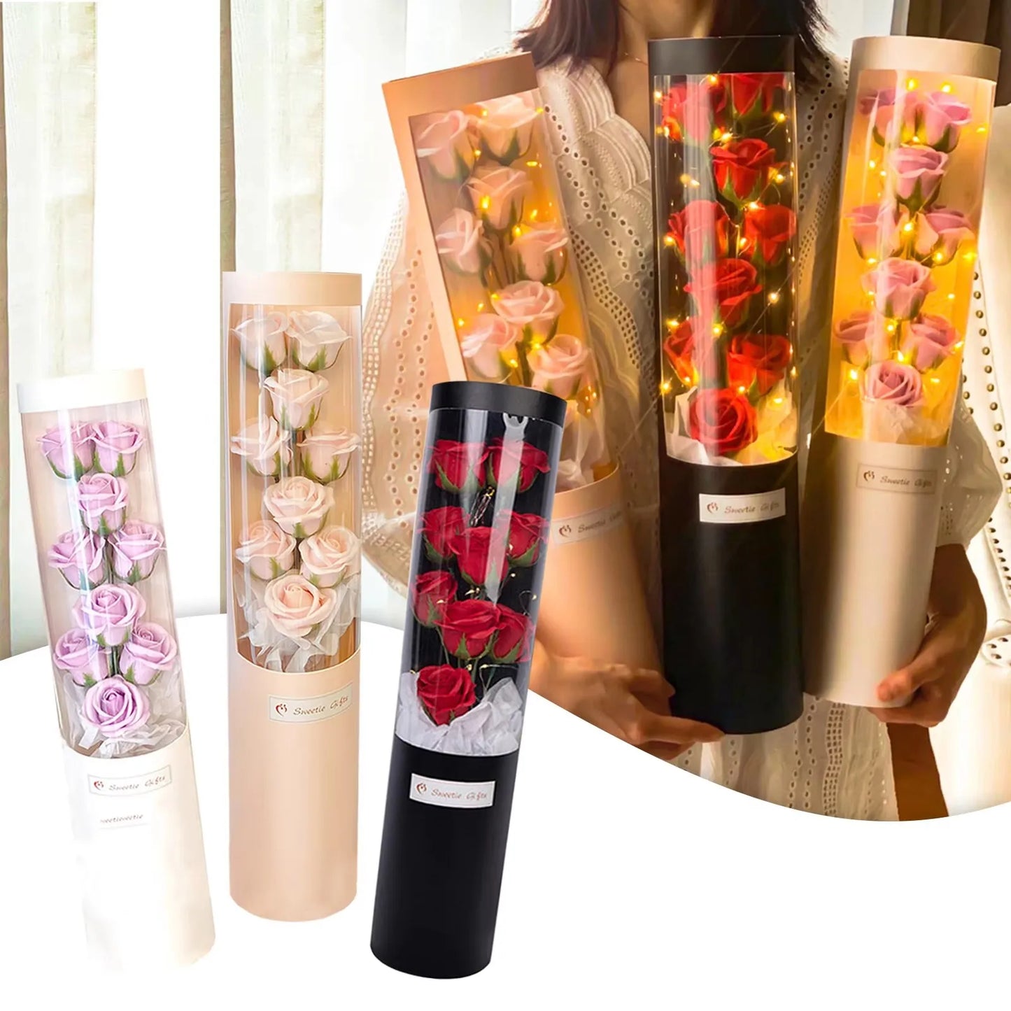 Charming Rose Bouquet Soap Flower Gift Box with LED Light for Valentine's Day and Special Occasions