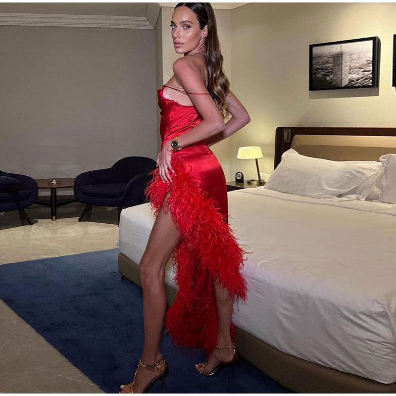 Red Strap Feather Slit Trim Midi Dress