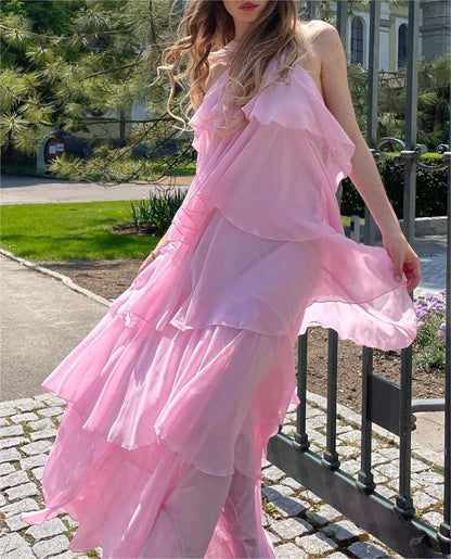 Pink Halter Ruffled Layered Maxi Dress