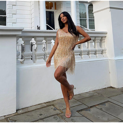 Layered Sequin Fringe Mini Dress