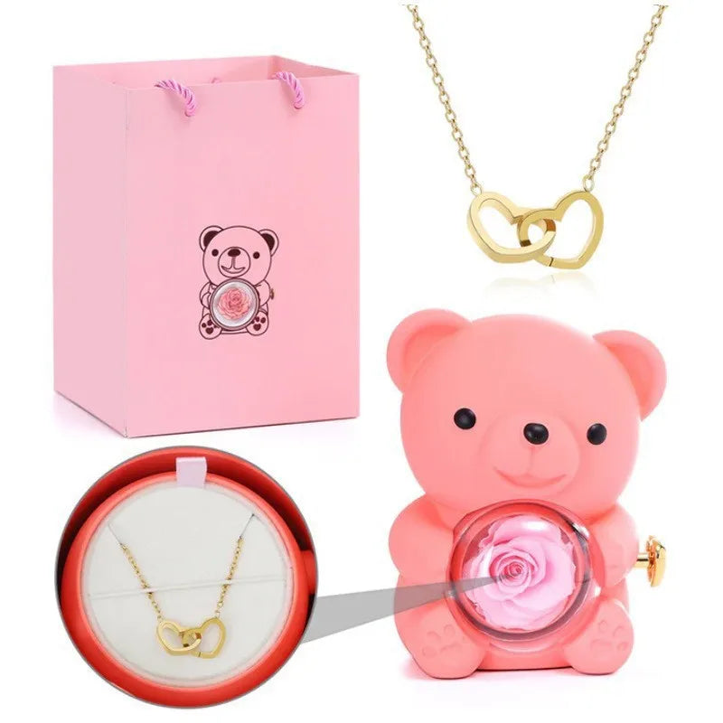 Teddy Bear Rose Jewelry Gift Box with Rotating Necklace Case