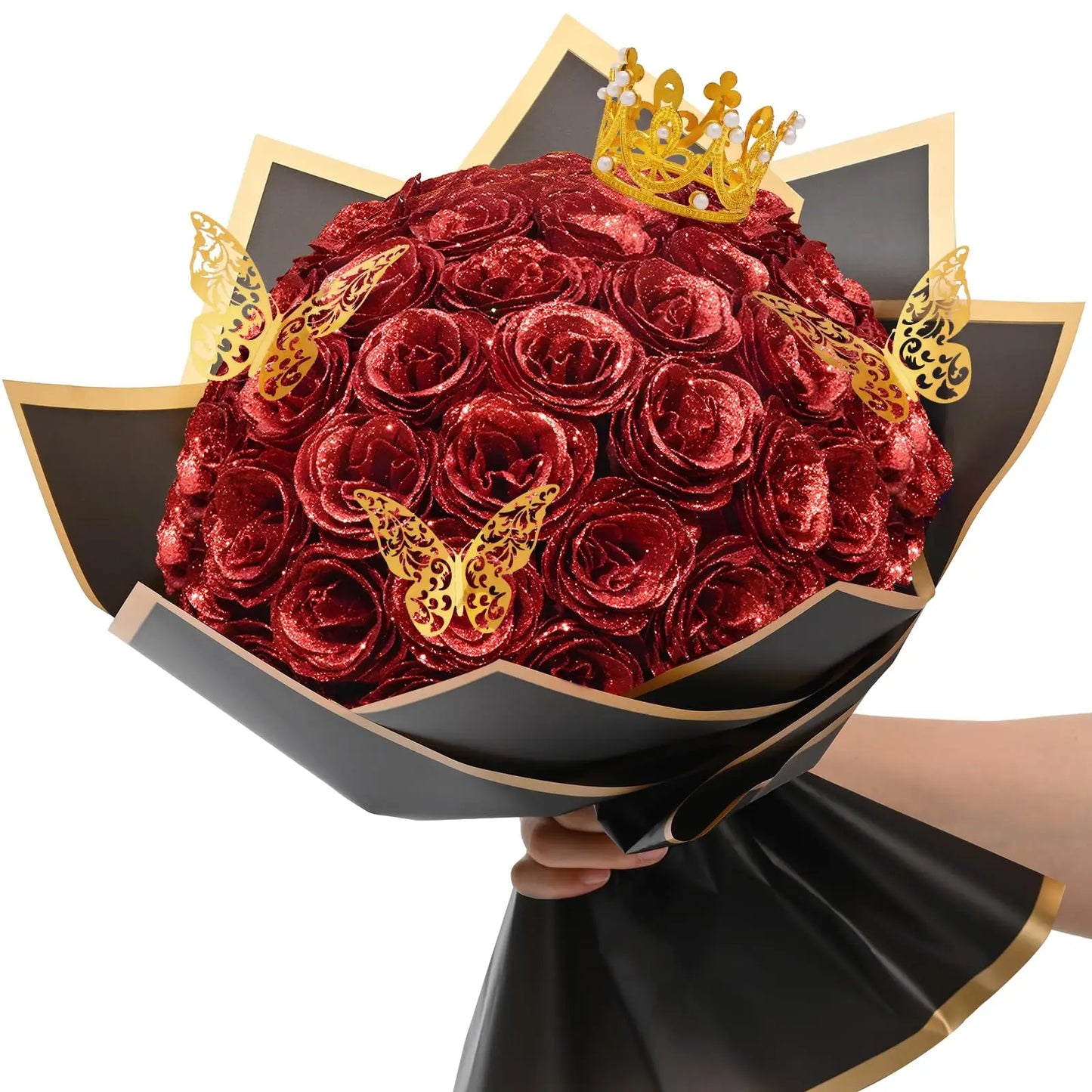 Glitter Artificial Rose Bouquet 24PCS for Wedding Decor