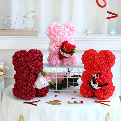 25cm Teddy Rose Bear with Lighted Box Artificial Flower Gift for Valentine's Day and Special Occasions