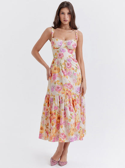 Floral Print Bustier Strap With Pocket Midi Dress