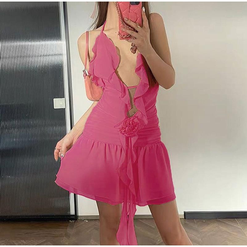 Frill Deep Neck Halter Mini Ruched Dress