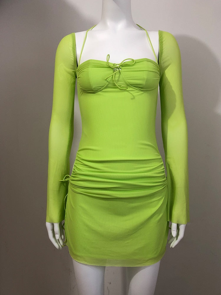 Long Sleeve Mesh Tie Up Hollow Drawstring Mini Dress