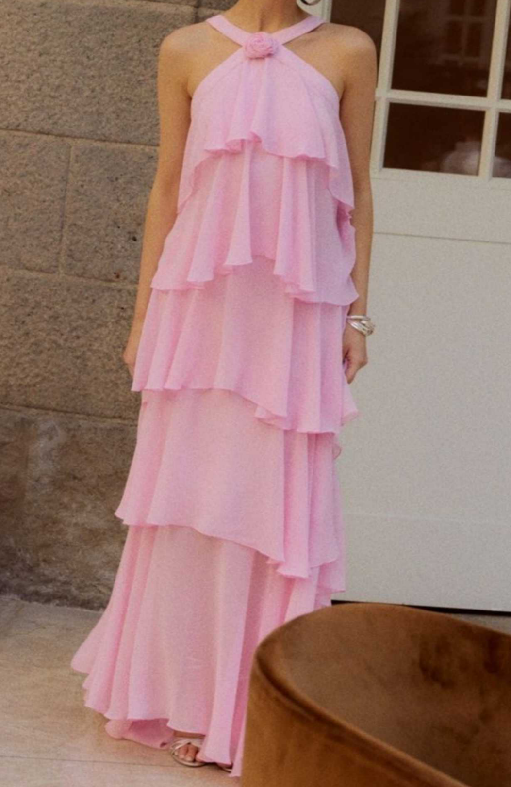 Pink Halter Ruffled Layered Maxi Dress