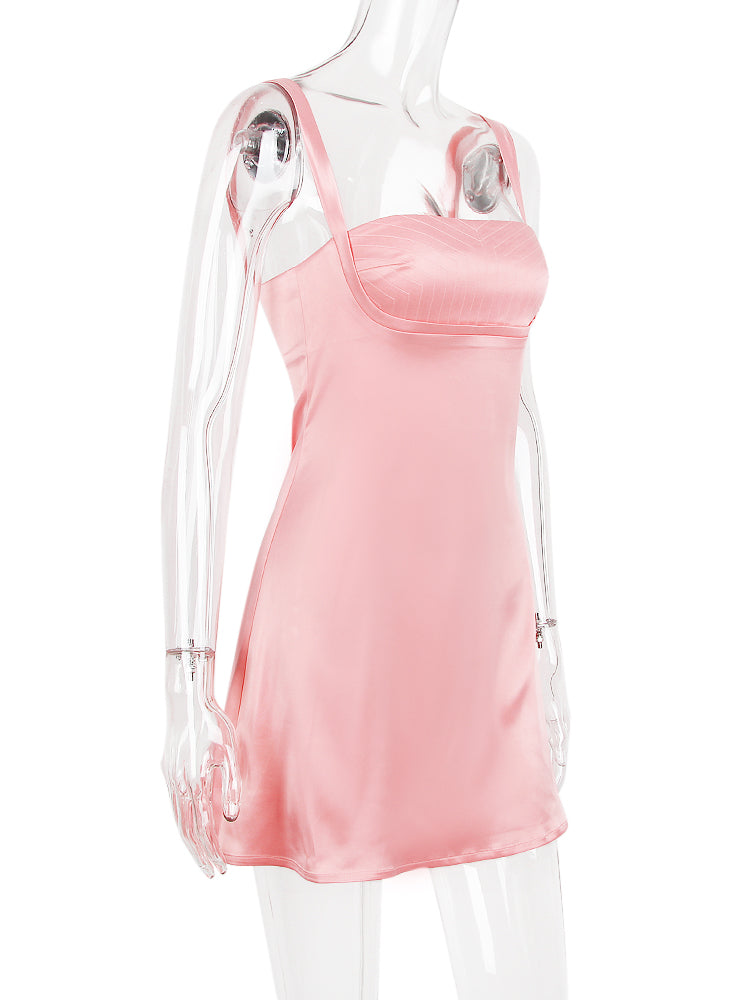 Pink Satin Square Neck Strap Mini Dress