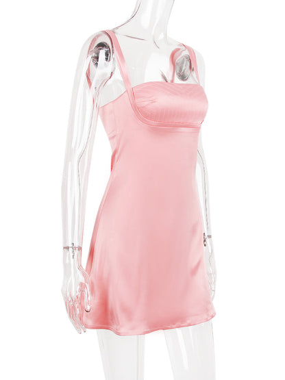 Pink Satin Square Neck Strap Mini Dress