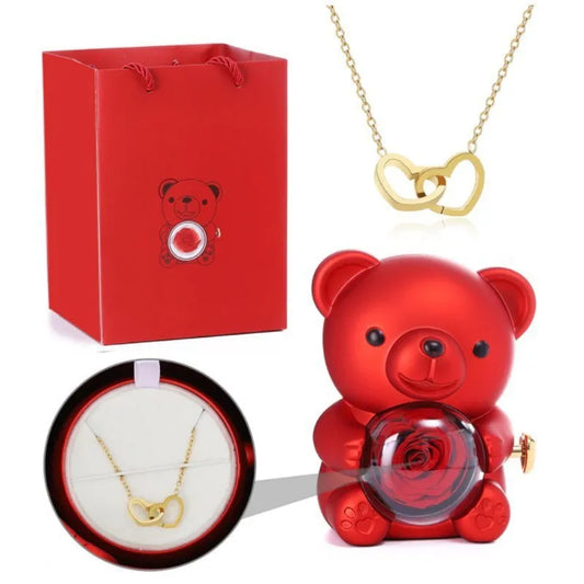 Teddy Bear Rose Jewelry Gift Box with Rotating Necklace Case