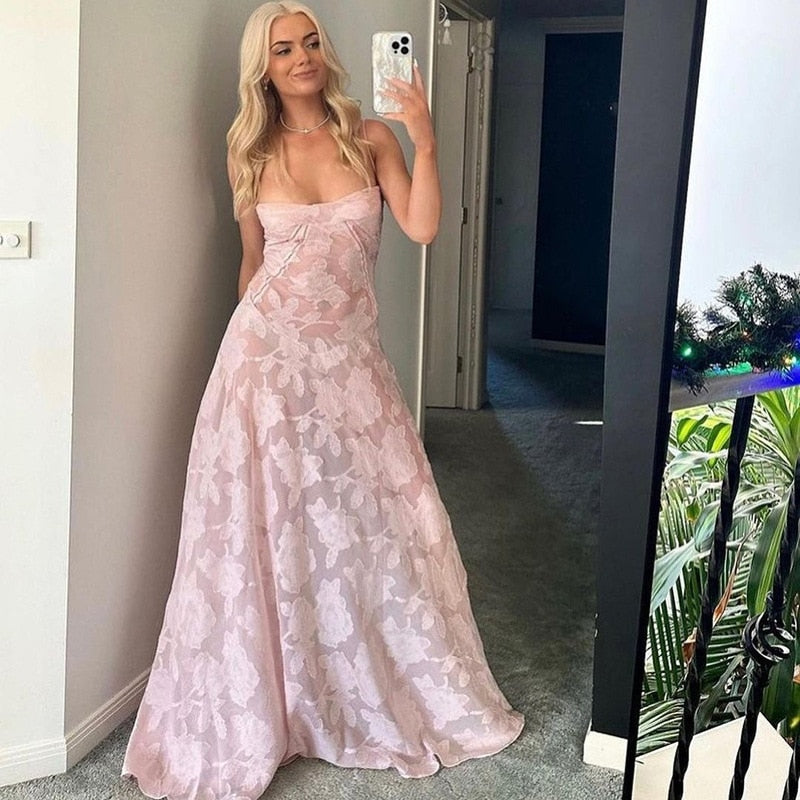 Pink Floral Lace Maxi Dress