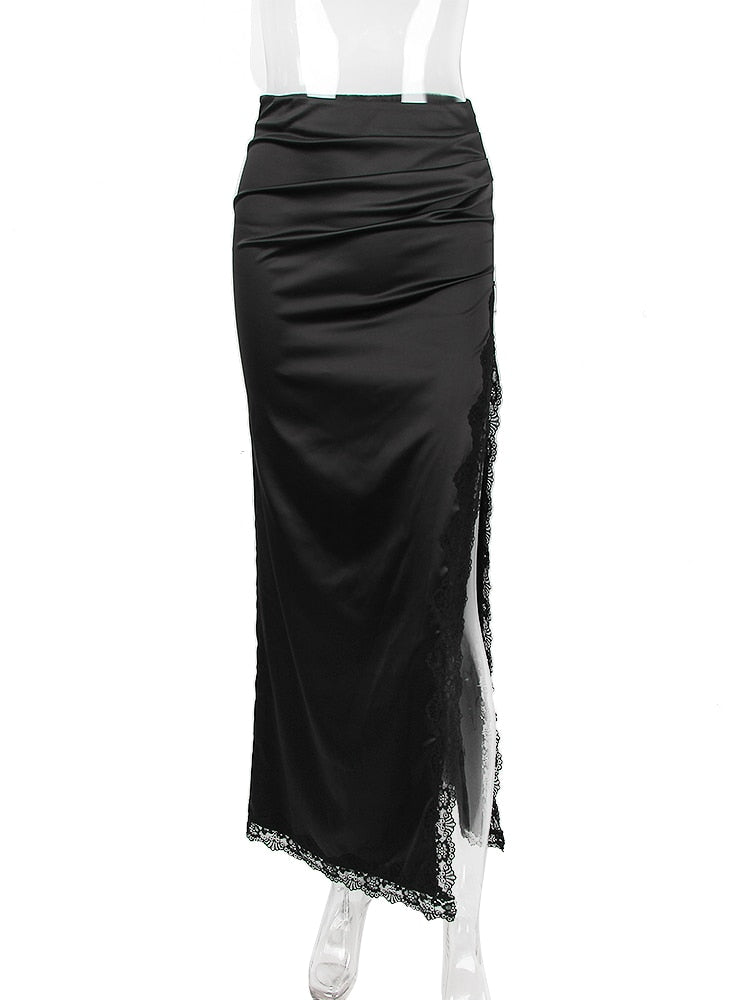 Black Lace Strap Top And Slit Lace Trim Midi Skirt Set