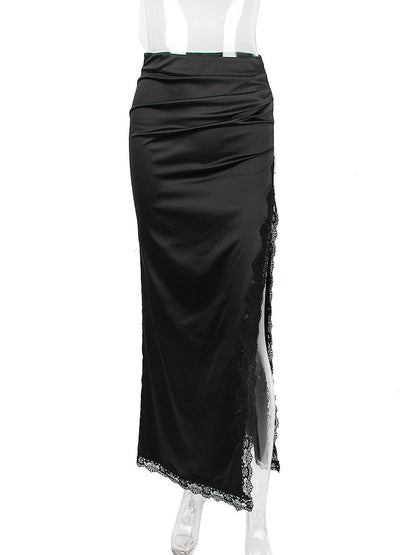 Black Lace Strap Top And Slit Lace Trim Midi Skirt Set