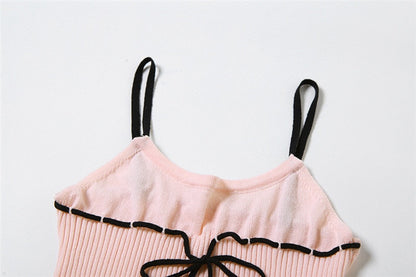 Pink Ribbed Lace Up Top