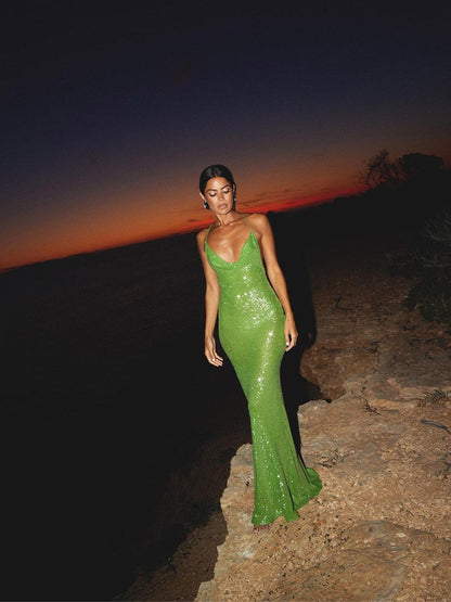 Green Sequin Backless Maxi Dress