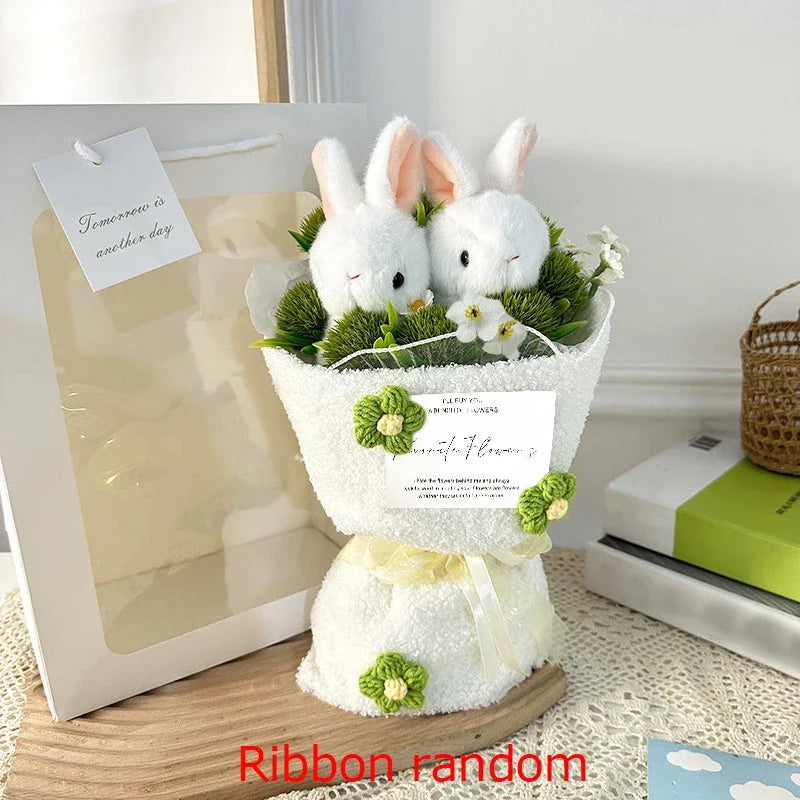 Rabbit Plush Doll with Crochet Flower Bouquet Gift