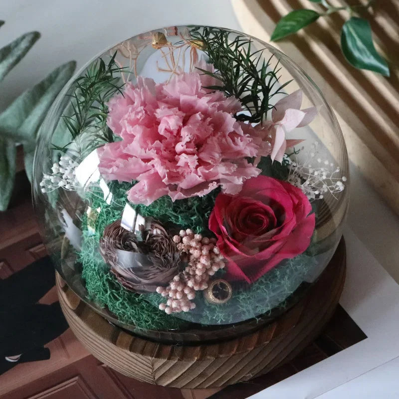Preserved Red Rose and Carnation Dome with Wooden Base