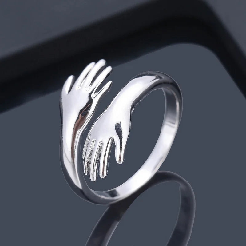 Adjustable Hug Hands Couple Ring in Silver Tone