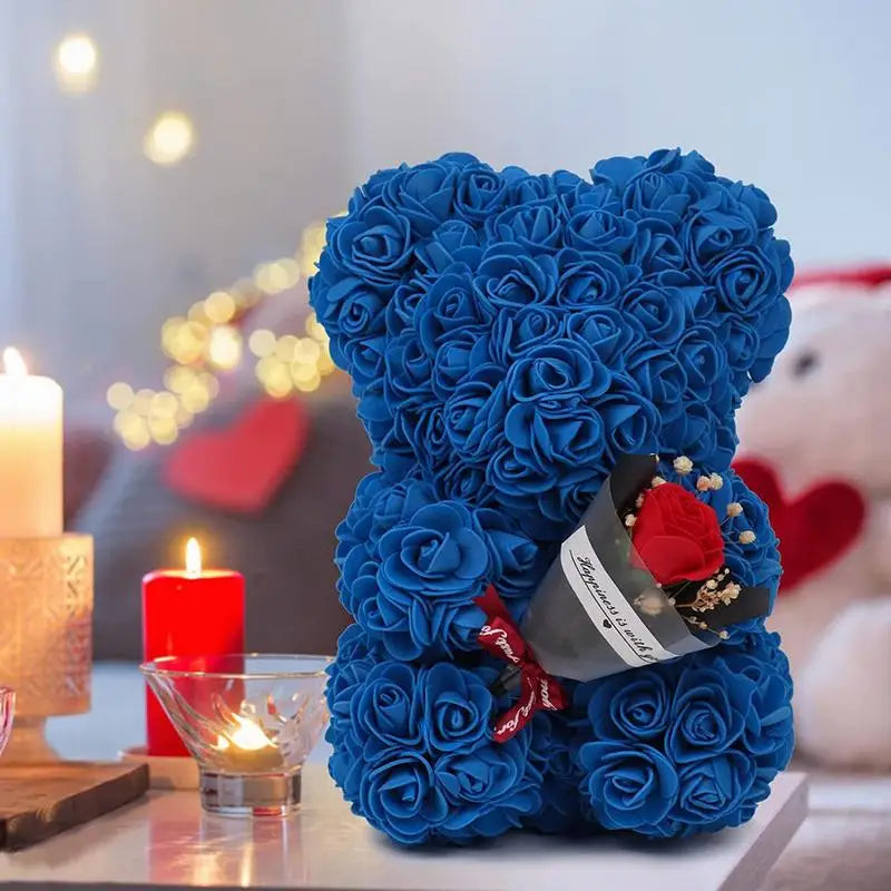 Rose Bear in Clear Box - Handmade Artificial Flower Gift for Valentine's Day, Birthday, or Special Occasion