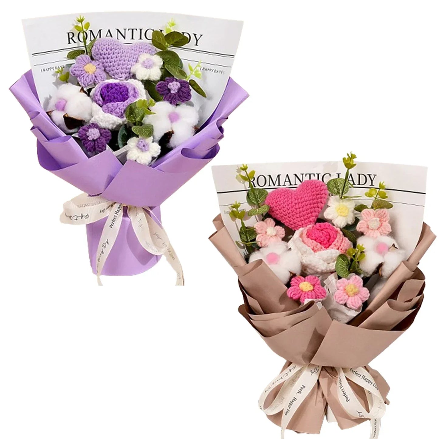 Handmade Crochet Pink and Purple Rose Bouquet Knitted Artificial Flowers Gift for Girlfriend
