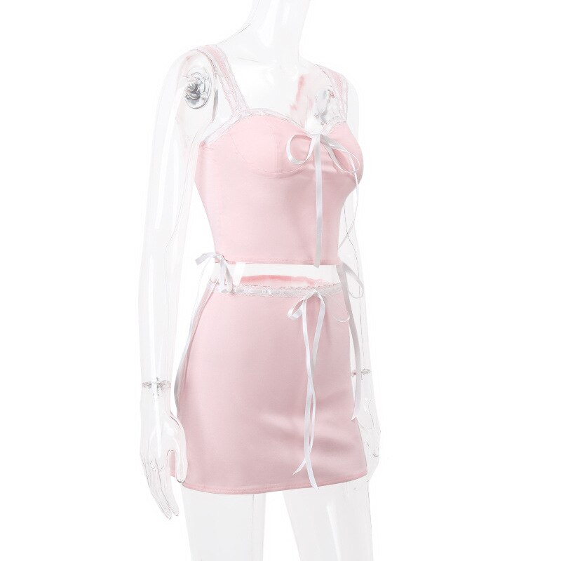 Pink Lace Bow Cami Top And Mini Skirt Set