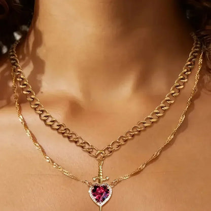 Heart and Sword Zircon Pendant Necklace Set