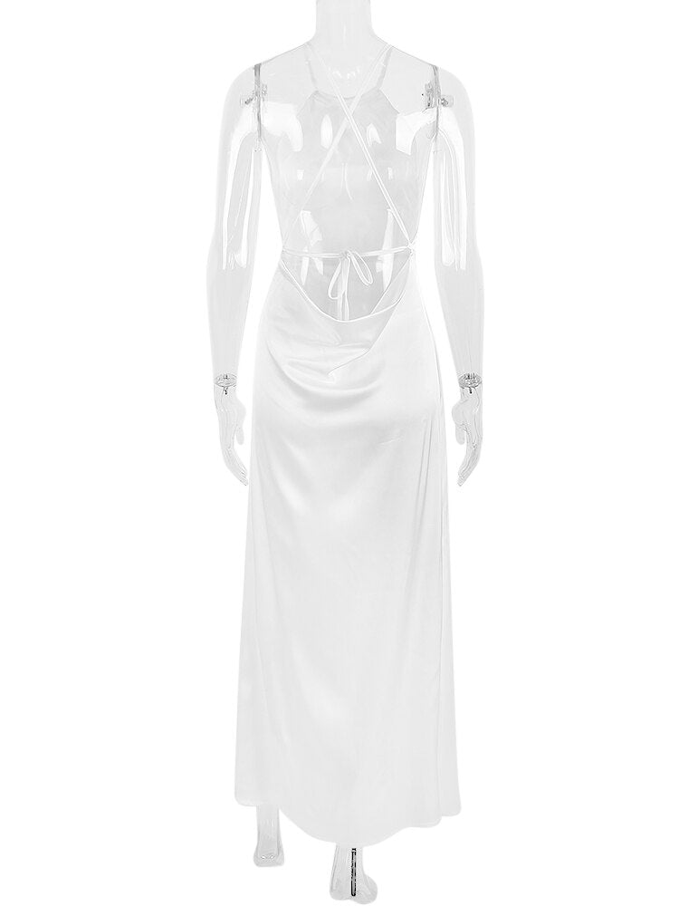 Satin Backless Halter Maxi Dress