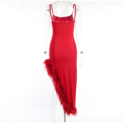 Red Strap Feather Slit Trim Midi Dress