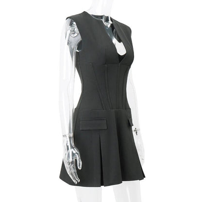 Grey Deep V-neck Sleeveless Pleated Mini Dress