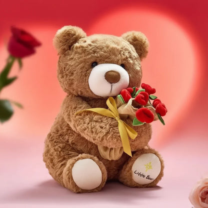 Kawaii Teddy Bear with Roses Plush - Soft Stuffed Bear for Valentine's Day and Romantic Gifts