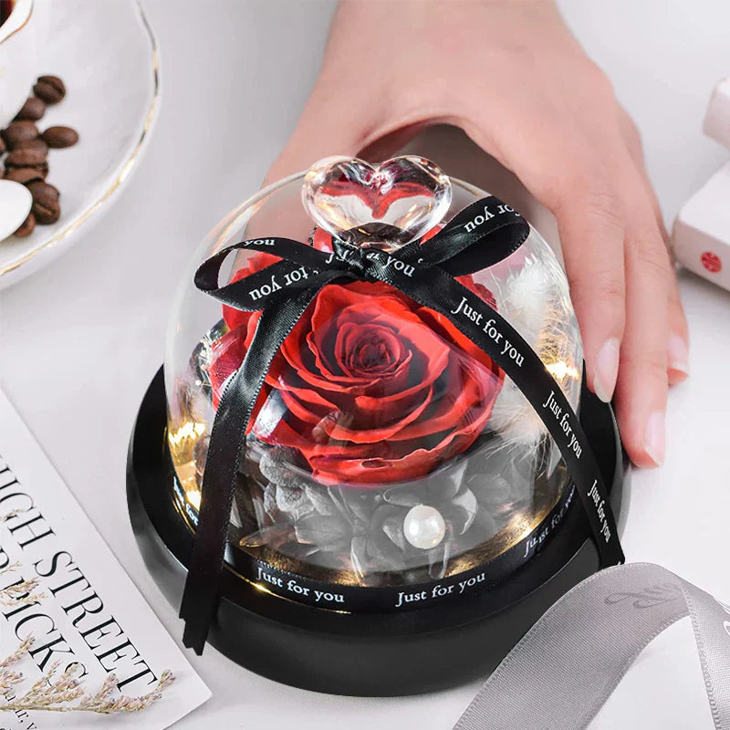 Forever Preserved Rose in Heart Glass Dome with LED Light for Valentine and Special Occasions