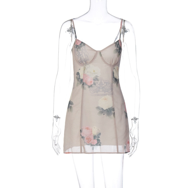 Mesh Layered Floral Strap Mini Dress