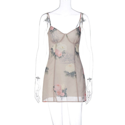 Mesh Layered Floral Strap Mini Dress